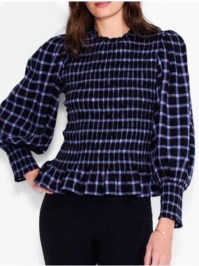 Nic+Zoe Smocked Plaid Long-Sleeve Top in Navy and Lavender